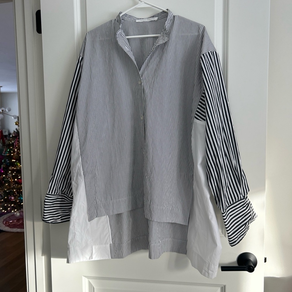 $450 LARA KRUDE size L Oversized Lagenlook Cleo Shirt Black white Stripe